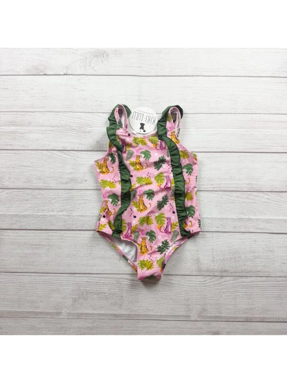 Kiki + Lulu Girls Pink Jungle Leopard Print Swimsuit Ruffle Accent NWT 7-8
